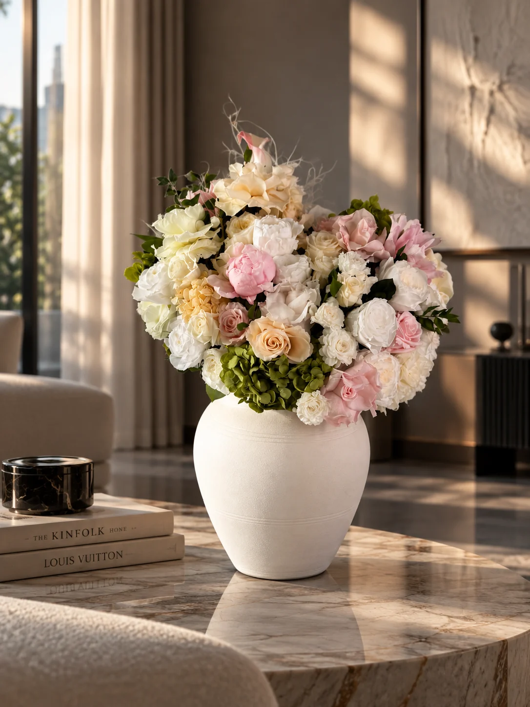 Cream and pink floral arrangement in a white vase