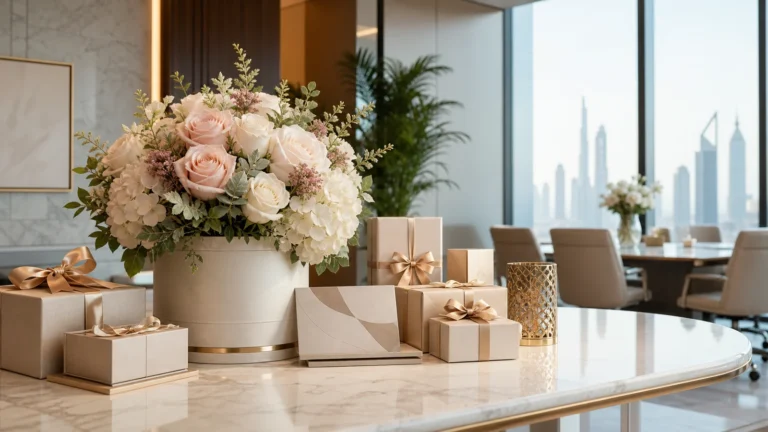 Corporate Eid gifts with preserved flowers and elegant gift boxes in a Dubai office