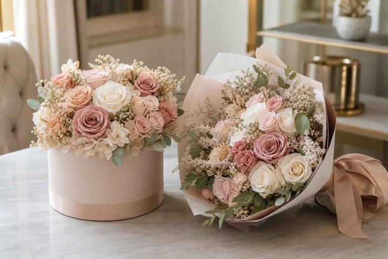 Preserved flower box arrangement beside a bouquet for a Dubai gift guide