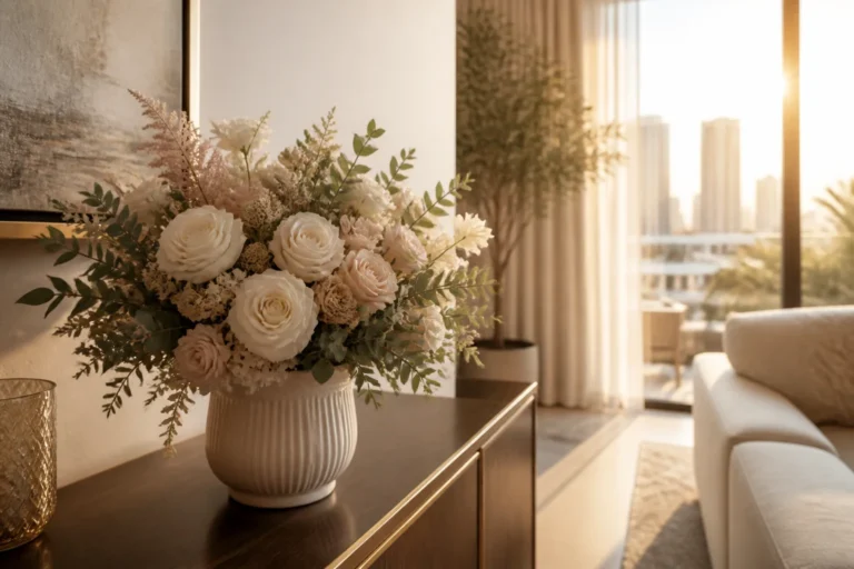 Preserved flowers placed indoors away from direct Dubai sunlight