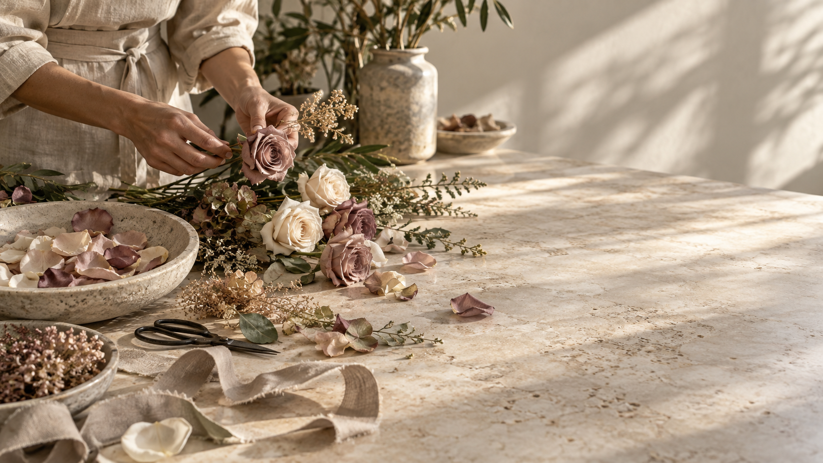 Editorial illustration of hands arranging preserved flowers