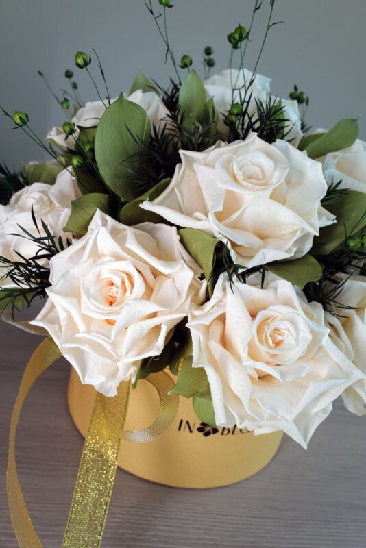 Olivia - Gold box of French Roses preserved flowers gift box detail view in Dubai