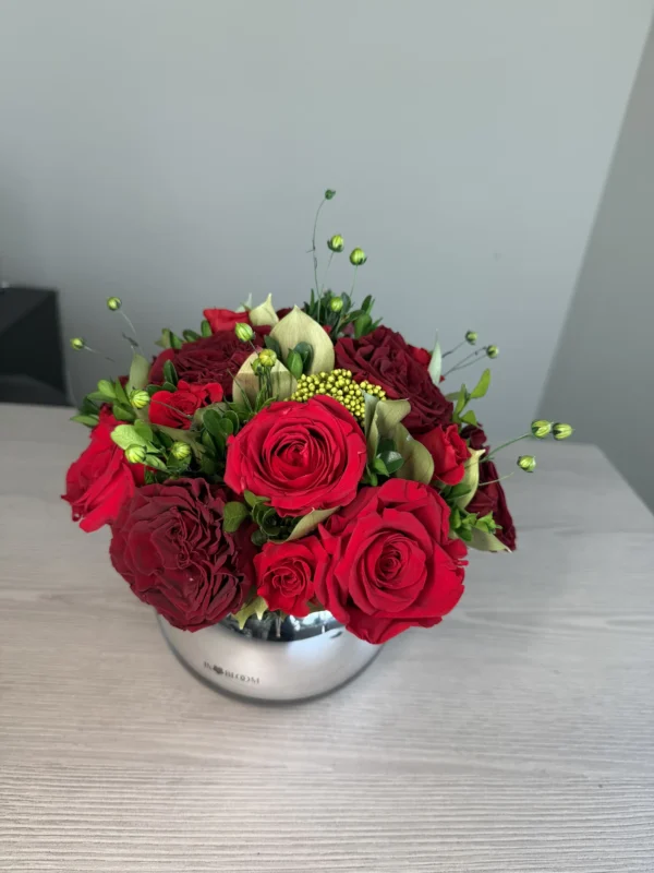 Loulou (M) Red Miracle preserved flower arrangement detail view in Dubai