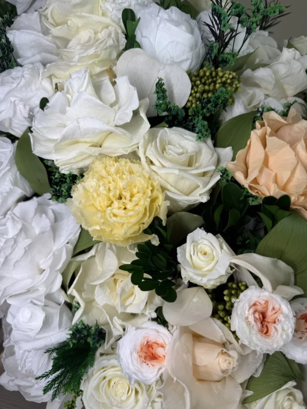 Audrey White and Peach preserved flowers gift box detail view in Dubai