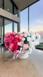 Audrey Hot Pink and White preserved flowers gift box detail view in Dubai