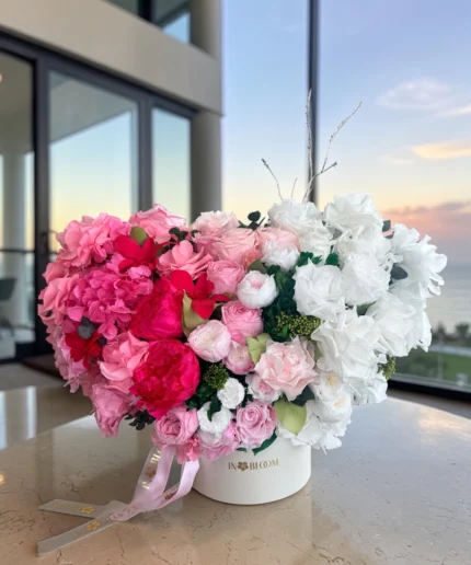 Audrey Hot Pink and White preserved flowers gift box detail view in Dubai
