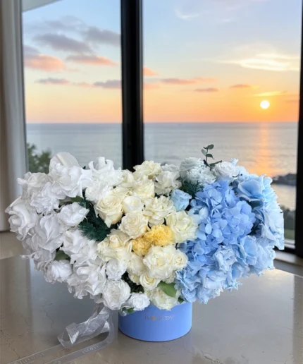 Audrey - Sky blue preserved flowers gift box detail view in Dubai