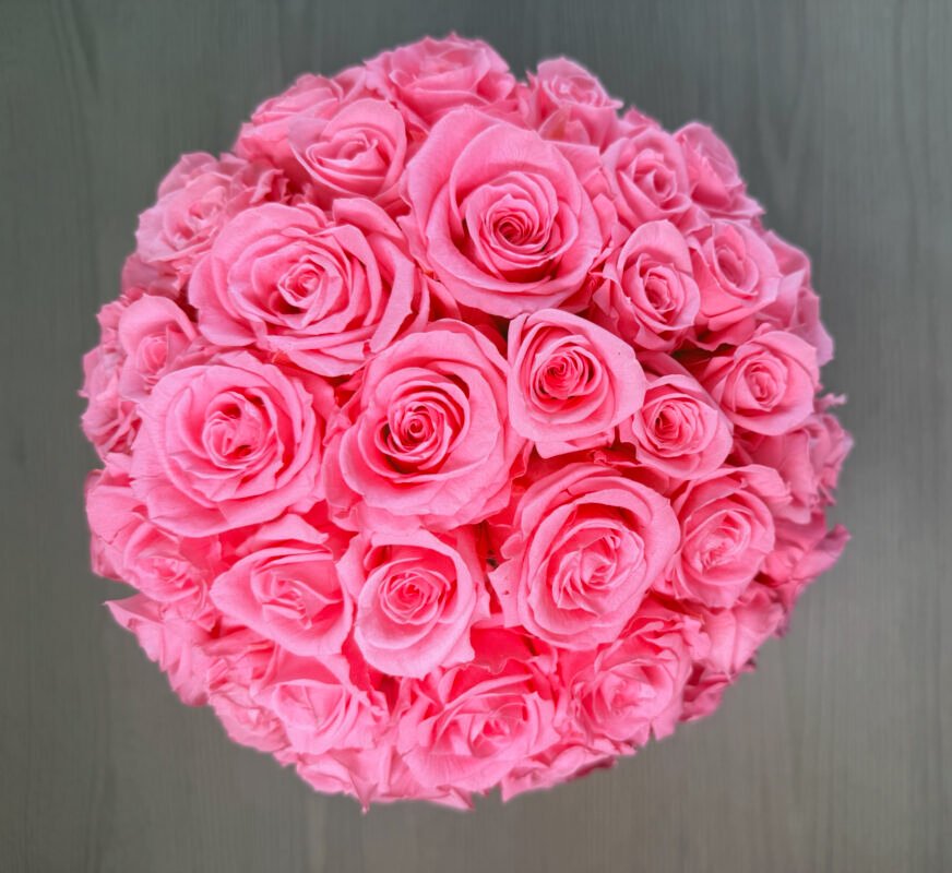 Luna pink roses preserved vase bouquet side view