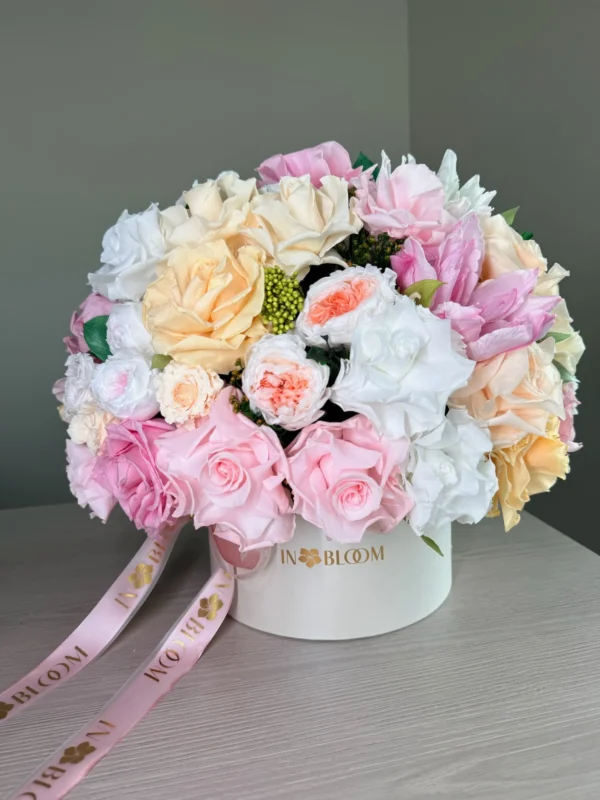 Lana - Peach and Pink preserved flowers gift box detail view in Dubai