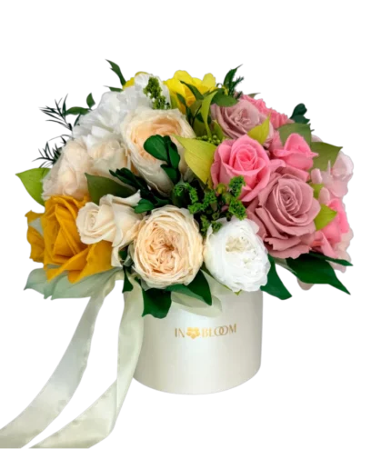 Elis yellow peach and pink preserved flower box