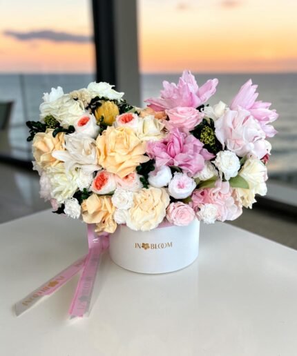Lana - pink and peach preserved flowers gift box detail view in Dubai