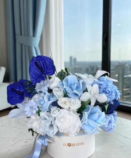 Olivia - Mix blue and white preserved flowers gift box detail view in Dubai