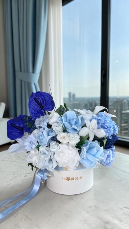 Olivia - Mix blue and white preserved flowers gift box detail view in Dubai