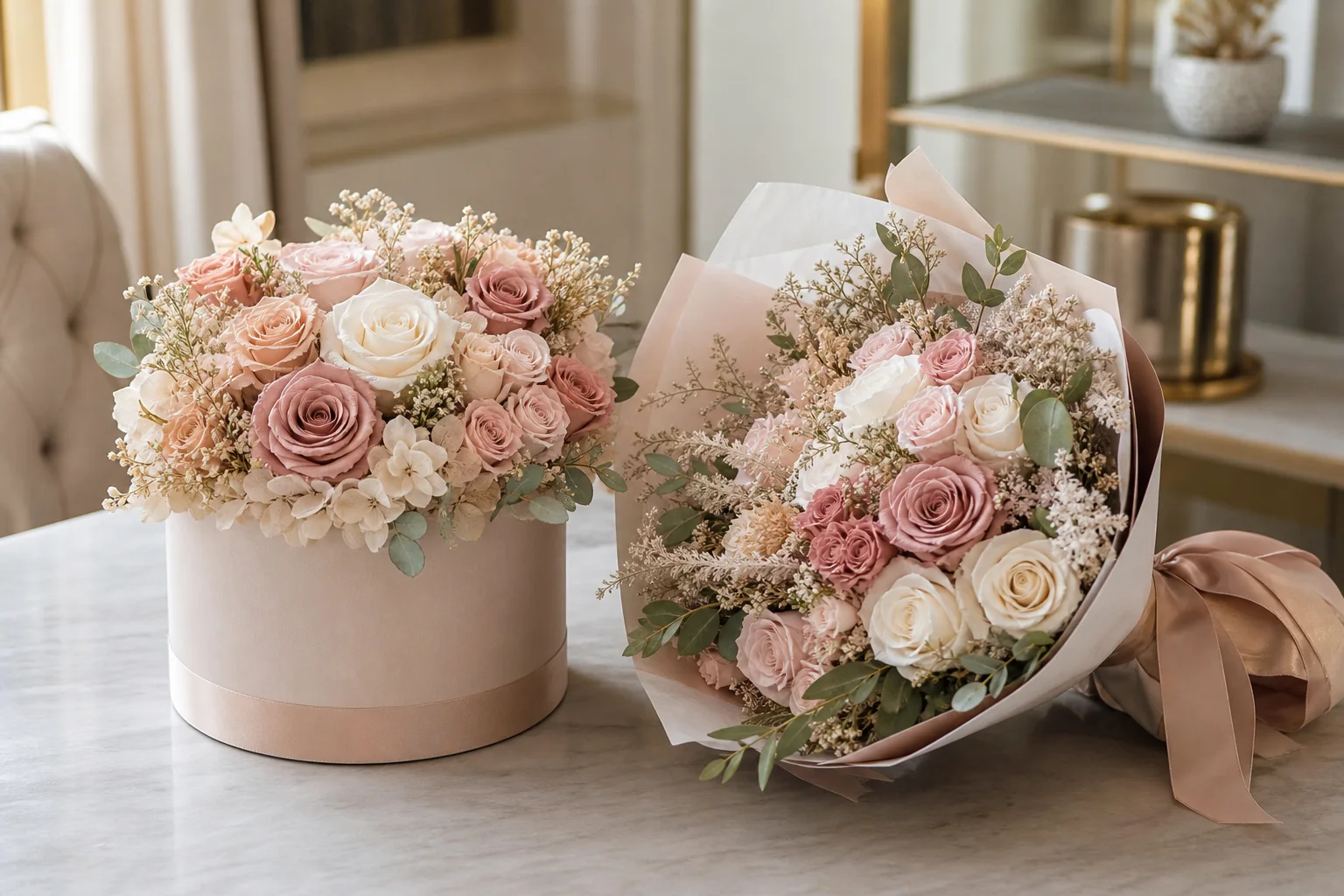 Preserved flower box arrangement beside a bouquet for a Dubai gift guide