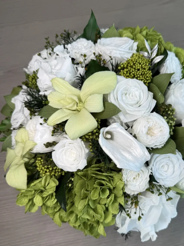 White and green preserved flower detail