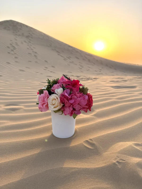 Preserved flower arrangement for an outdoor event