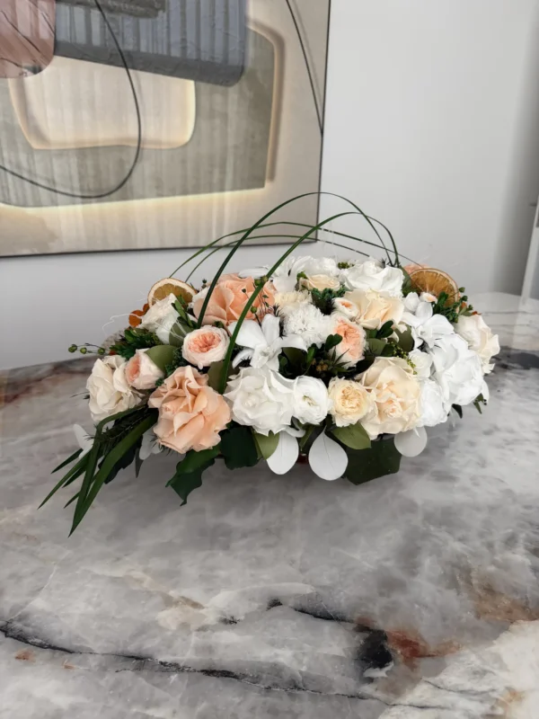 Preserved flower styling for a marble counter