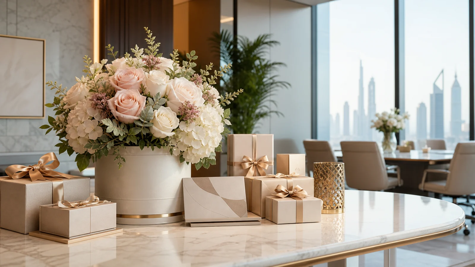 Corporate Eid gifts with preserved flowers and elegant gift boxes in a Dubai office