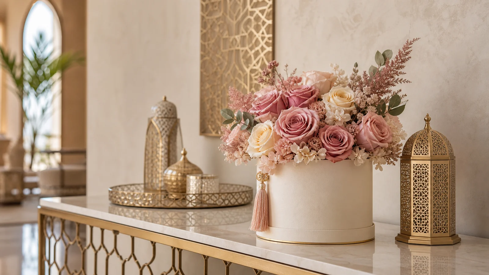 Luxury preserved flower gift box styled for Eid Al Adha in a Dubai home
