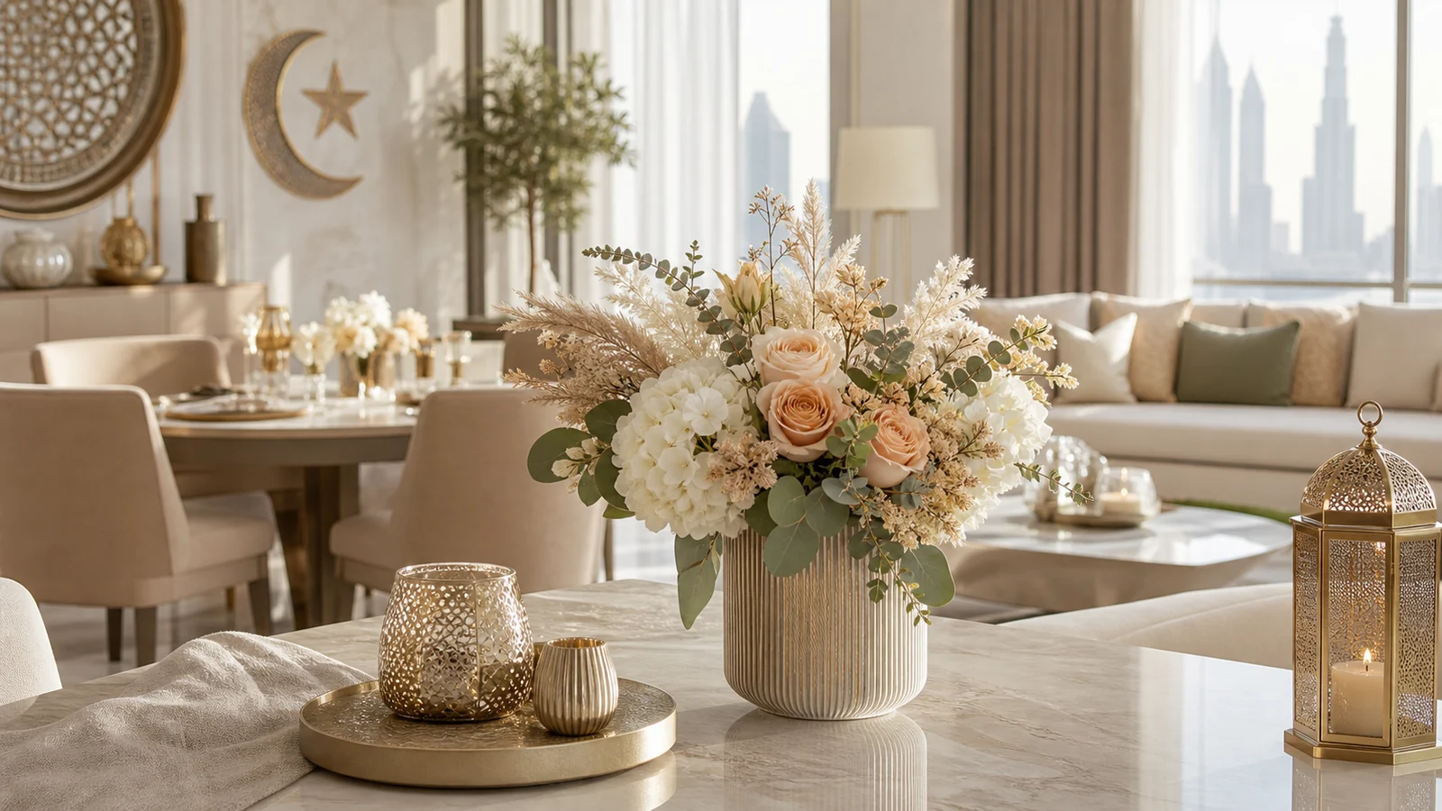 Preserved flower arrangement styled in a bright Dubai living room for Eid