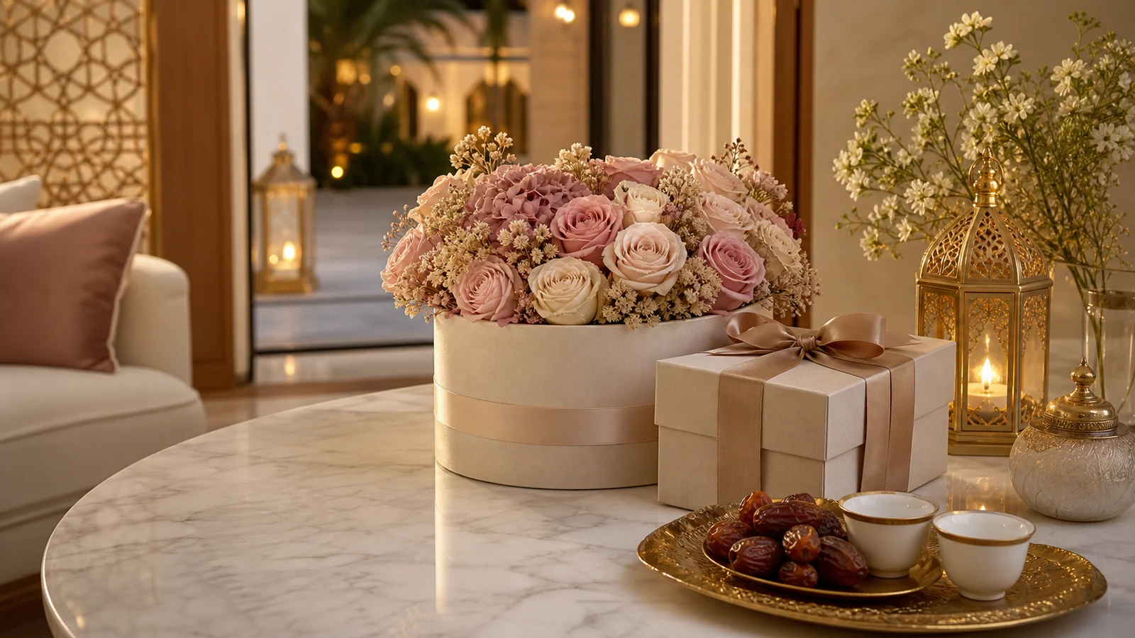 Preserved flower gift box with dates and coffee cups for an Eid gathering in Dubai
