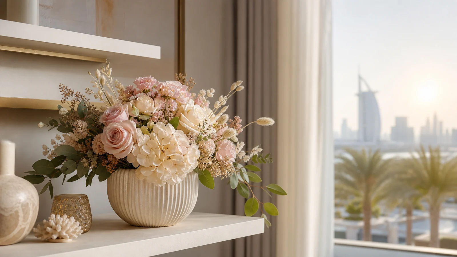 Preserved flowers placed indoors away from direct Dubai sunlight