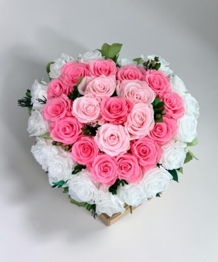 Heart Pink and White preserved flowers gift box detail view in Dubai