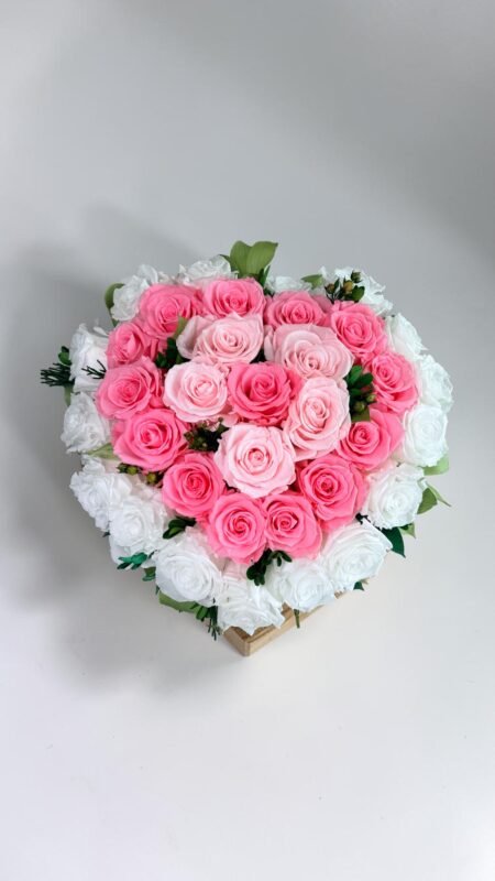 Heart Pink and White preserved flowers gift box detail view in Dubai