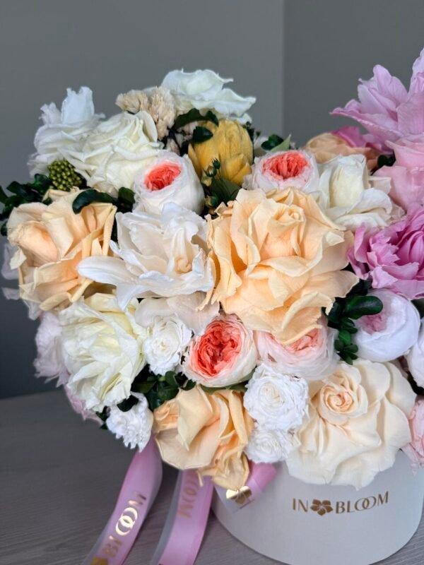 Lana - pink and peach preserved flowers gift box detail view in Dubai