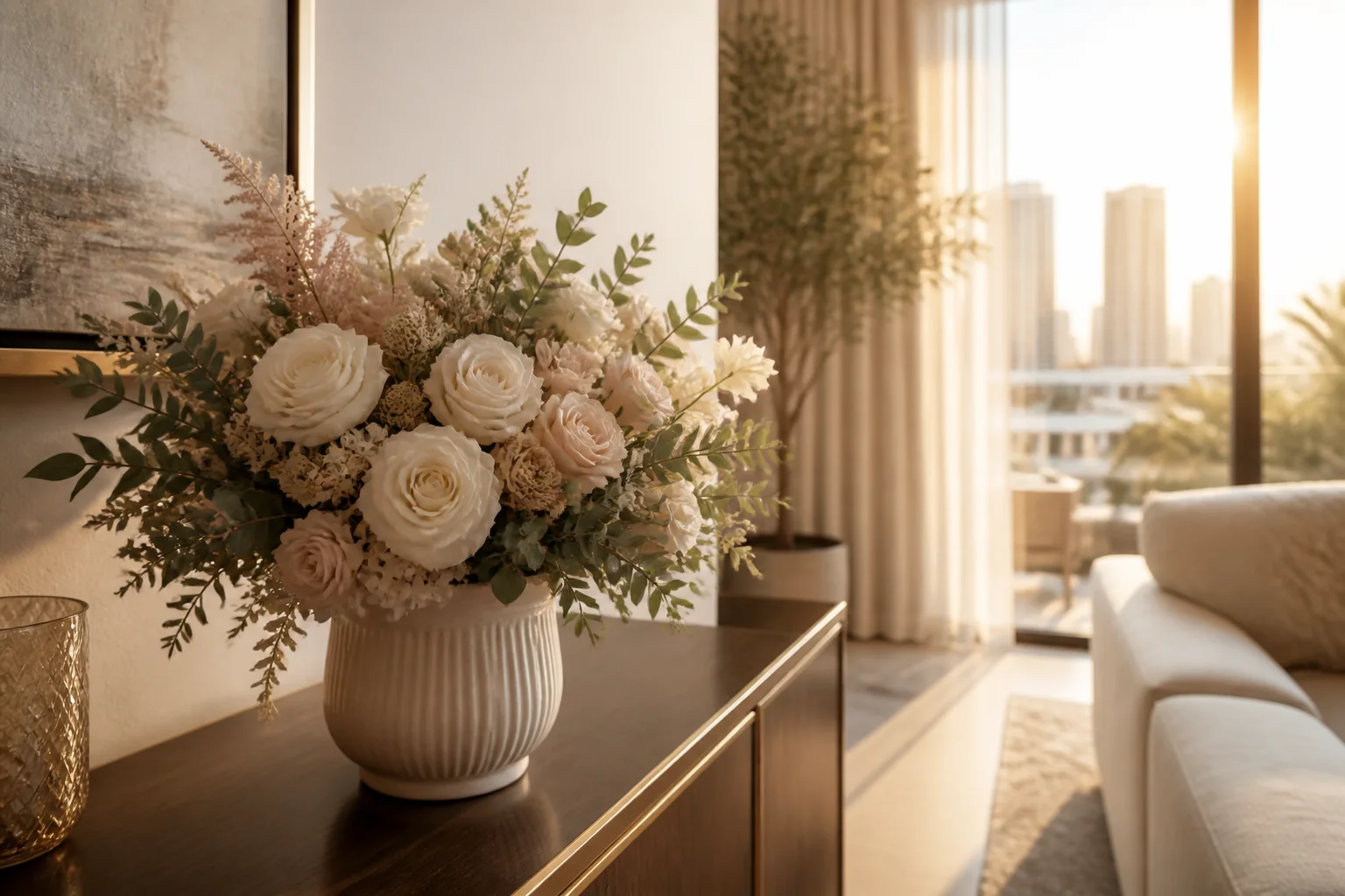 Preserved flowers placed indoors away from direct Dubai sunlight