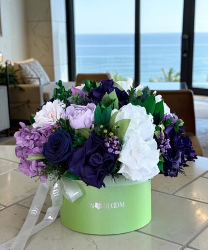 Olivia - purple and white preserved flowers gift box detail view in Dubai