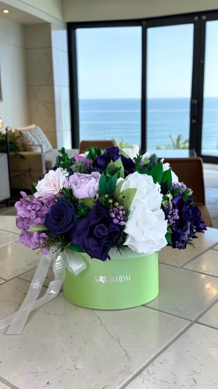 Olivia - purple and white preserved flowers gift box detail view in Dubai