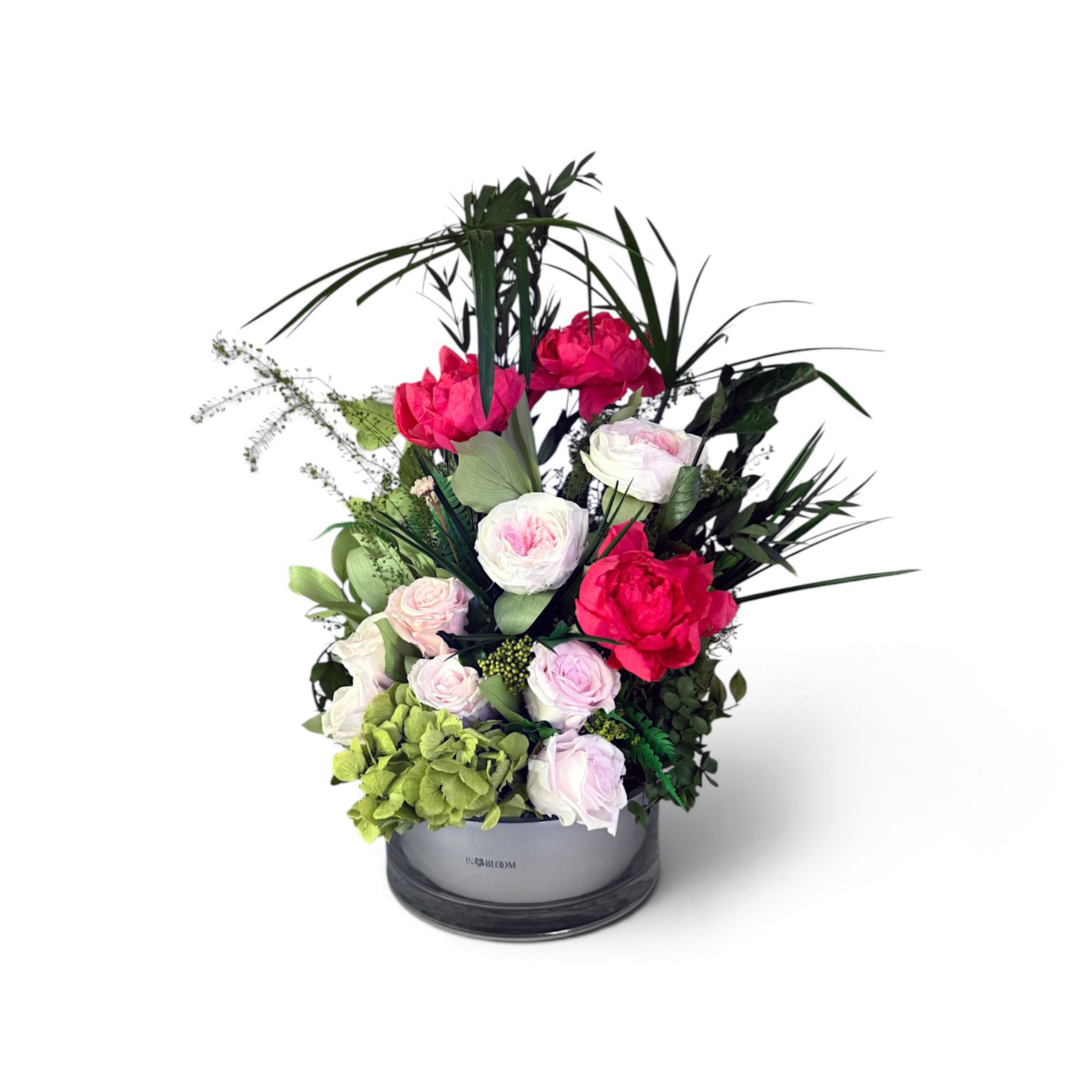 tempImageggrG9M asymmetrical preserved arrangement, peonies hydrangeas garden roses
