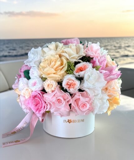 Lana - Peach and Pink preserved flowers gift box detail view in Dubai