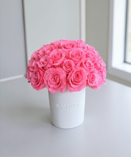 Luna pink roses preserved vase bouquet detail view