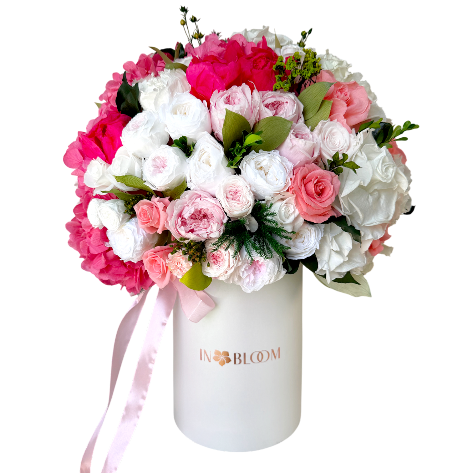 white hot pink preserved roses peonies bouquet signature flower box