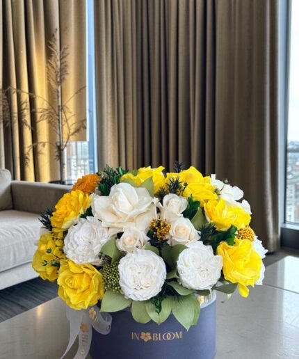 Olivia - Yellow showers preserved flowers gift box detail view in Dubai