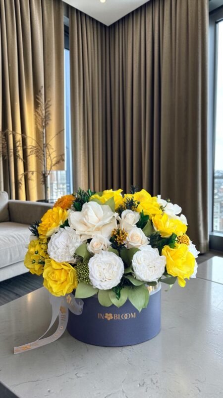 Olivia - Yellow showers preserved flowers gift box detail view in Dubai